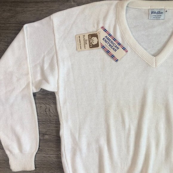 VTG DEADSTOCK Rare Velva Sheen Ivory Cream Snickers Racing V-Neck Sweater Sz XL - Picture 3 of 16